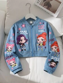 SHEIN Sparklyn 青少年女孩灰色卡通印花牛仔效果短版拉鍊棒球夾克，Y2K可愛K-Pop街頭風秋季外套 - 藍色 - 查看 3