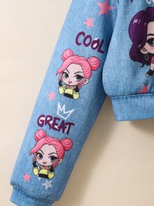 SHEIN Sparklyn 青少年女孩灰色卡通印花牛仔效果短版拉鍊棒球夾克，Y2K可愛K-Pop街頭風秋季外套 - 藍色 - 查看 5