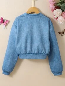 SHEIN Sparklyn 青少年女孩灰色卡通印花牛仔效果短版拉鍊棒球夾克，Y2K可愛K-Pop街頭風秋季外套 - 藍色 - 查看 2