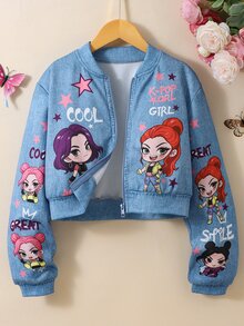 SHEIN Sparklyn 青少年女孩灰色卡通印花牛仔效果短版拉鍊棒球夾克，Y2K可愛K-Pop街頭風秋季外套 - 藍色 - 查看 4
