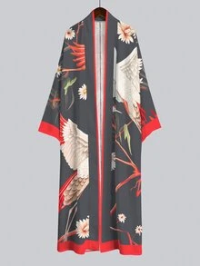 Irokai 鶴枝花葉印花寬袖和服罩衫，繫腰浴袍，日式浴衣度假旅行深灰色 - 彩色 - 查看 3
