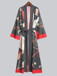 Irokai 鶴枝花葉印花寬袖和服罩衫，繫腰浴袍，日式浴衣度假旅行深灰色 - 彩色 - 查看 5