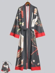 Irokai 鶴枝花葉印花寬袖和服罩衫，繫腰浴袍，日式浴衣度假旅行深灰色 - 彩色 - 查看 1