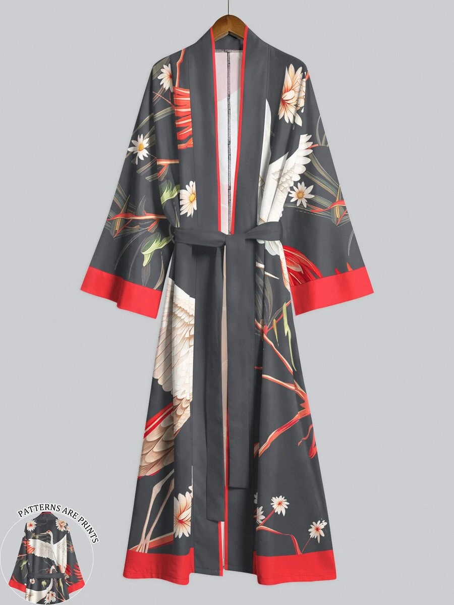 Irokai 鶴枝花葉印花寬袖和服罩衫,繫腰浴袍,日式浴衣度假旅行深灰色 - 彩色 - 查看 1