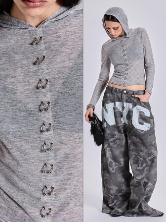 Herbst/Winter Y2K Fischaugen-Nasenring Metall Deko Ultra-dünn Kaschmir hohe Elastizität halbtransparent Kapuze Slim Fit All-Match vielseitiges T-Shirt