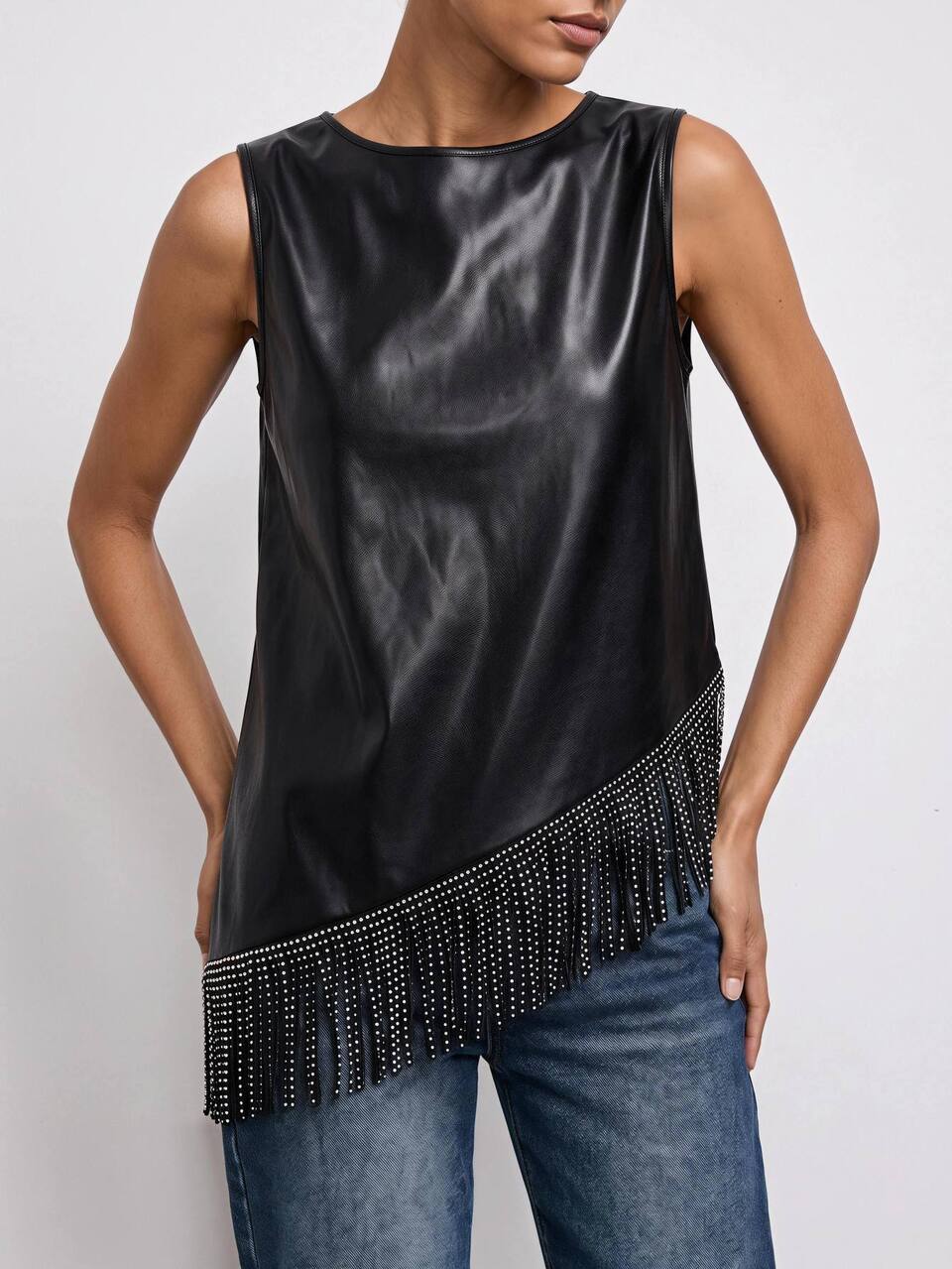 SHEIN Maija Black Sleeveless Asymmetrical Hem Tassel Leather Top, Modern Autumn/Winter Y2k Halloween Festival Party Going Out