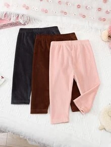 SHEIN 3件組女嬰3M-3Y純色燈芯絨針織內搭褲，極簡風，彈性腰頭，全長，輕盈百搭，秋冬休閒穿搭 - 彩色 - 查看 4