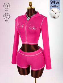 Amplova Rhinestone Letter Front Zipper Hooded Cropped Top & Mini Shorts Women's 2 Pieces Set - Hot Pink - View 2