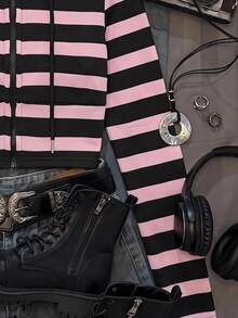 SHEIN EZwear Striped Print Zip Up Drawstring Hoodie Going Out Night Out Nightout Pink And Black Autumn Y2k - Pink - View 3