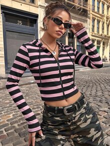 SHEIN EZwear Striped Print Zip Up Drawstring Hoodie Going Out Night Out Nightout Pink And Black Autumn Y2k - Pink - View 6