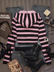 SHEIN EZwear Striped Print Zip Up Drawstring Hoodie Going Out Night Out Nightout Pink And Black Autumn Y2k - Pink - View 2