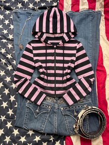 SHEIN EZwear Striped Print Zip Up Drawstring Hoodie Going Out Night Out Nightout Pink And Black Autumn Y2k - Pink - View 7