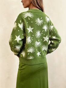 Vaclyn Cardigan Rajut Kasual Lengan Panjang dengan Motif Pentagram dan Bahu Longgar untuk Wanita - MultiWarna - View 2