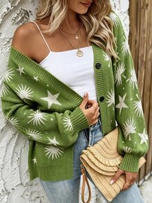 Vaclyn Cardigan Rajut Kasual Lengan Panjang dengan Motif Pentagram dan Bahu Longgar untuk Wanita - MultiWarna - View 3
