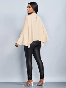 SOLERSUN 1pc Mock Neck Batwing Sleeve Asymmetrical Hem Blouse Dinner Office Apricot Autumn Elegant - Apricot - View 3