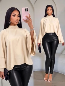 SOLERSUN 1pc Mock Neck Batwing Sleeve Asymmetrical Hem Blouse Dinner Office Apricot Autumn Elegant - Apricot - View 2