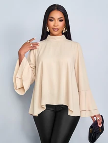 SOLERSUN 1pc Mock Neck Batwing Sleeve Asymmetrical Hem Blouse Dinner Office Apricot Autumn Elegant - Apricot - View 9