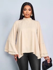 SOLERSUN 1pc Mock Neck Batwing Sleeve Asymmetrical Hem Blouse Dinner Office Apricot Autumn Elegant - Apricot - View 5