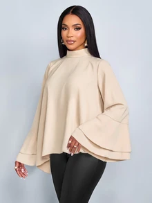 SOLERSUN 1pc Mock Neck Batwing Sleeve Asymmetrical Hem Blouse Dinner Office Apricot Autumn Elegant - Apricot - View 4