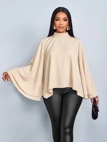 SOLERSUN 1pc Mock Neck Batwing Sleeve Asymmetrical Hem Blouse Dinner Office Apricot Autumn Elegant - Apricot - View 11