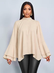 SOLERSUN 1pc Mock Neck Batwing Sleeve Asymmetrical Hem Blouse Dinner Office Apricot Autumn Elegant - Apricot - View 6