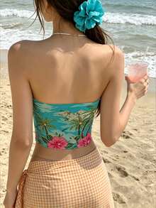 INAWLY 夏季海灘熱帶印花抹胸上衣 - 彩色 - 查看 2