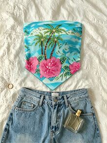 INAWLY 夏季海灘熱帶印花抹胸上衣 - 彩色 - 查看 1