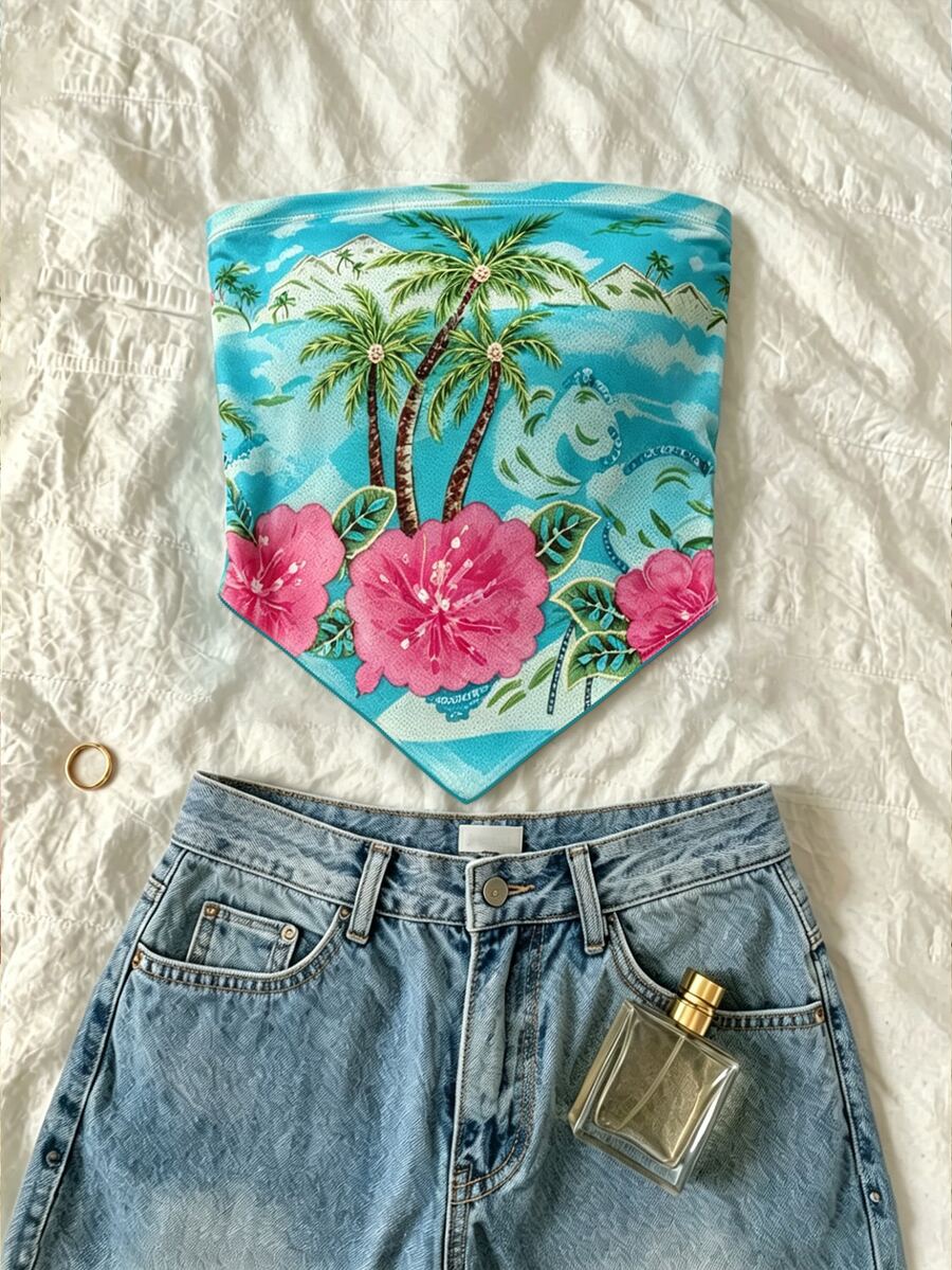 INAWLY 夏季海灘熱帶印花抹胸上衣 - 彩色 - 查看 1