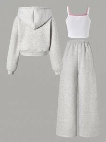 SHEIN Tween女孩T恤套裝，甜酷風3件套，秋冬休閒款，長袖圓領上衣搭配長褲，可愛穿搭造型 - 灰色 - 查看 2