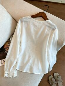 Franclia Woven Loose Fit Drop Shoulder Long Sleeve Front Tie Contrast Lace Pullover Blouse Vacation White Fall Romantic Elegant Brunch - White - View 2