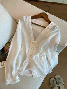 Franclia Woven Loose Fit Drop Shoulder Long Sleeve Front Tie Contrast Lace Pullover Blouse Vacation White Fall Romantic Elegant Brunch - White - View 1