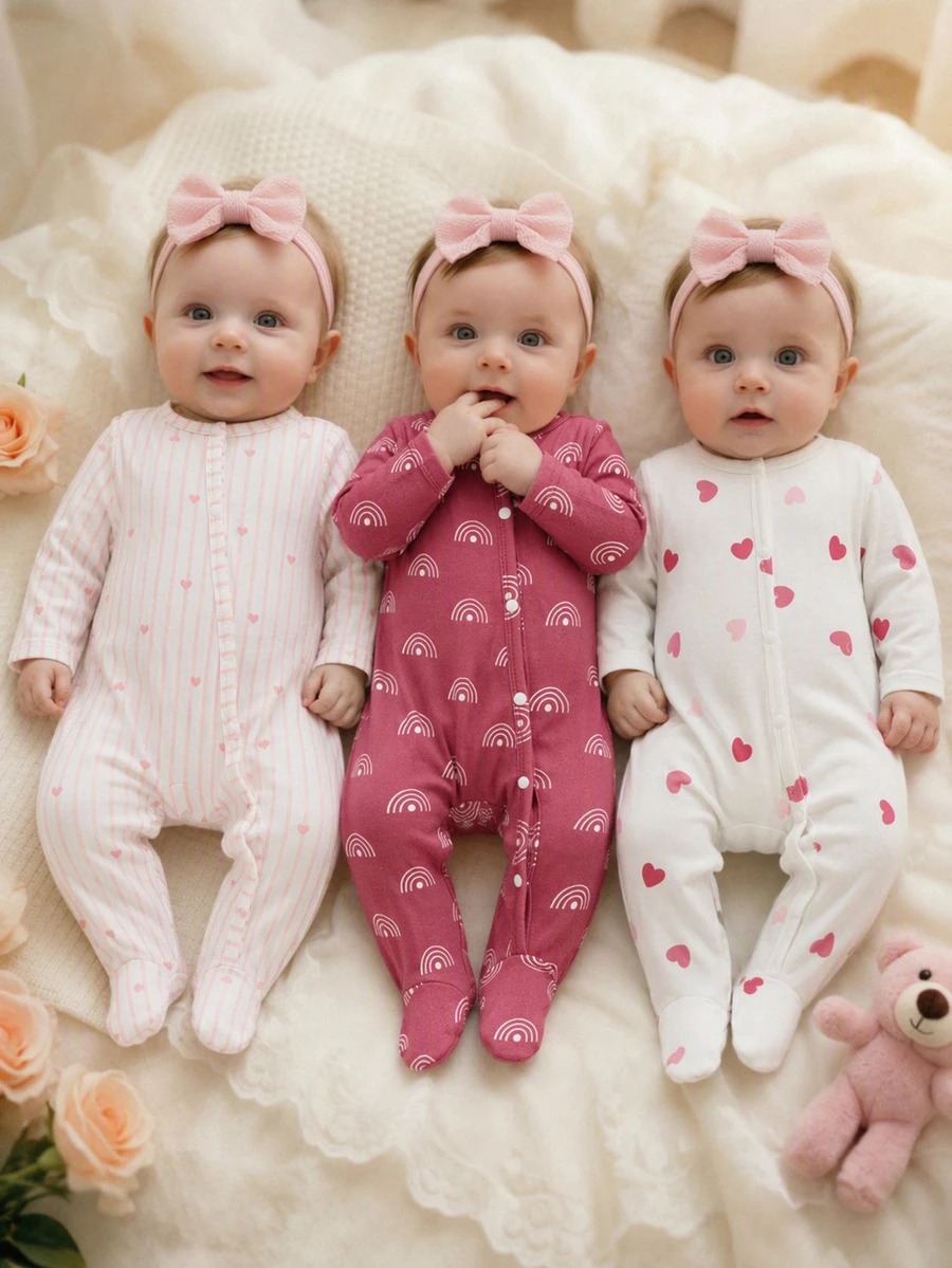 SHEIN Playful Pals Heart Print Newborn Romper Rainbow Khaki Color - Multicolor - View 1
