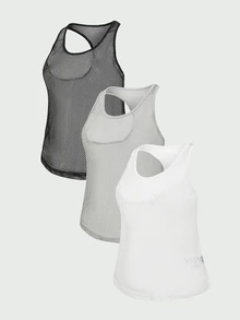 SHEIN Cheerettes 3件組運動背心 黑色 白色 灰色 高彈力 透氣 吸濕排汗 寬鬆版型 賽車背心式 適合健身瑜珈 - 彩色 - 查看 15