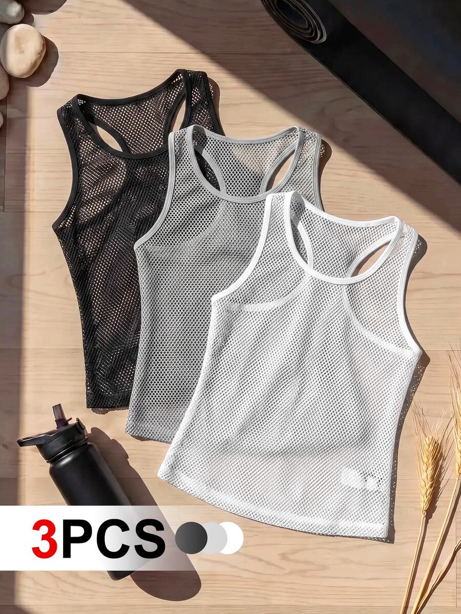 SHEIN Cheerettes 3件組運動背心 黑色 白色 灰色 高彈力 透氣 吸濕排汗 寬鬆版型 賽車背心式 適合健身瑜珈 - 彩色 - 查看 1