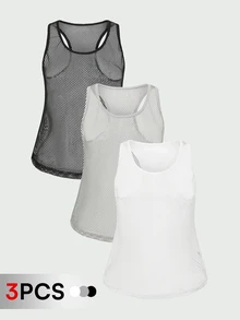 SHEIN Cheerettes 3件組運動背心 黑色 白色 灰色 高彈力 透氣 吸濕排汗 寬鬆版型 賽車背心式 適合健身瑜珈 - 彩色 - 查看 3