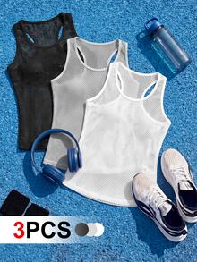 SHEIN Cheerettes 3件組運動背心 黑色 白色 灰色 高彈力 透氣 吸濕排汗 寬鬆版型 賽車背心式 適合健身瑜珈 - 彩色 - 查看 2