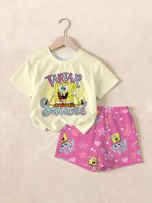 SpongeBob SquarePants | SHEIN 女童字母卡通印花短袖T恤與短褲休閒日常套裝 - 白色 - 查看 1