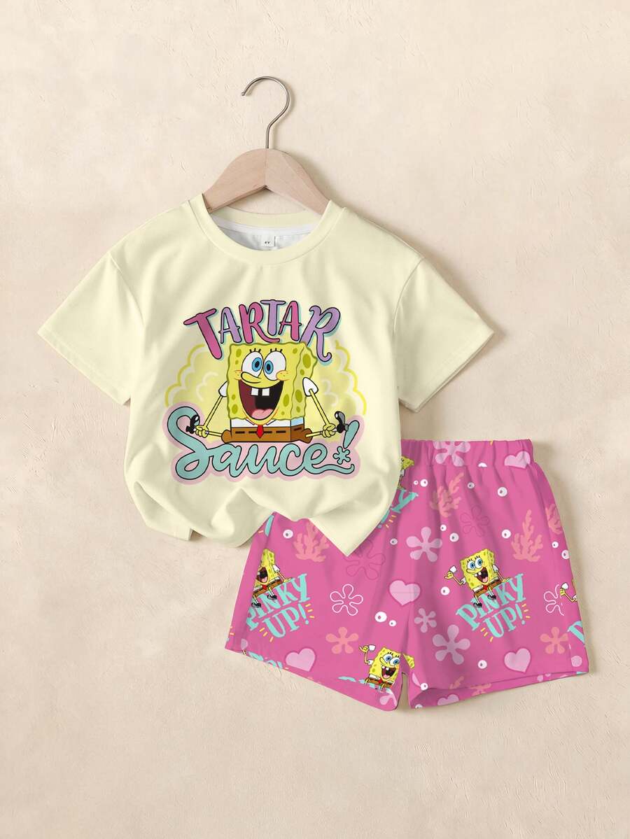 SpongeBob SquarePants | SHEIN 女童字母卡通印花短袖T恤與短褲休閒日常套裝 - 白色 - 查看 1