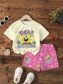 SpongeBob SquarePants | SHEIN 女童字母卡通印花短袖T恤與短褲休閒日常套裝 - 白色 - 查看 7