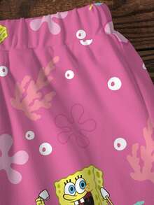 SpongeBob SquarePants | SHEIN 女童字母卡通印花短袖T恤與短褲休閒日常套裝 - 白色 - 查看 5