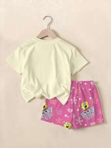 SpongeBob SquarePants | SHEIN 女童字母卡通印花短袖T恤與短褲休閒日常套裝 - 白色 - 查看 2