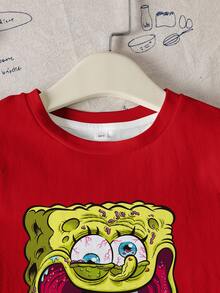 SpongeBob SquarePants | SHEIN Tween Boy Summer Casual Funny Cartoon Graphic Crew Neck Short Sleeve T-Shirt - White - View 3