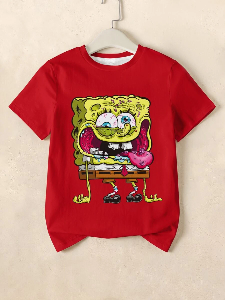 SpongeBob SquarePants | SHEIN Tween Boy Summer Casual Funny Cartoon Graphic Crew Neck Short Sleeve T-Shirt - White - View 1