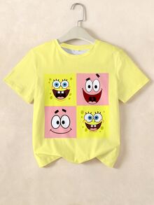 SpongeBob SquarePants | SHEIN 青少年女孩圓領短袖休閒T恤 - 白色 - 查看 1