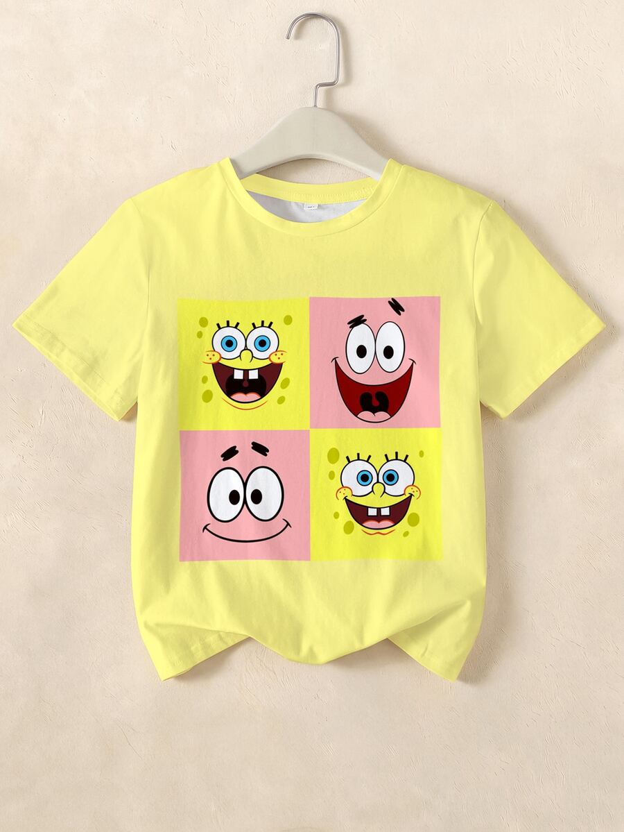 SpongeBob SquarePants | SHEIN 青少年女孩圓領短袖休閒T恤 - 白色 - 查看 1