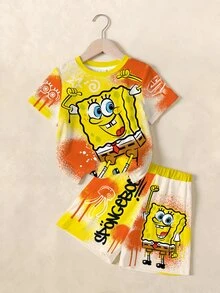 SpongeBob SquarePants | SHEIN 小男孩卡通印花短袖T恤與短褲休閒套裝 - 白色 - 查看 1