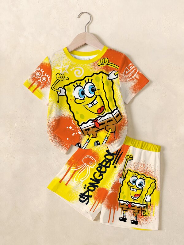 SpongeBob SquarePants | SHEIN Set casual con maglietta a maniche corte e pantaloncini con stampa cartoni animati per ragazzo giovane