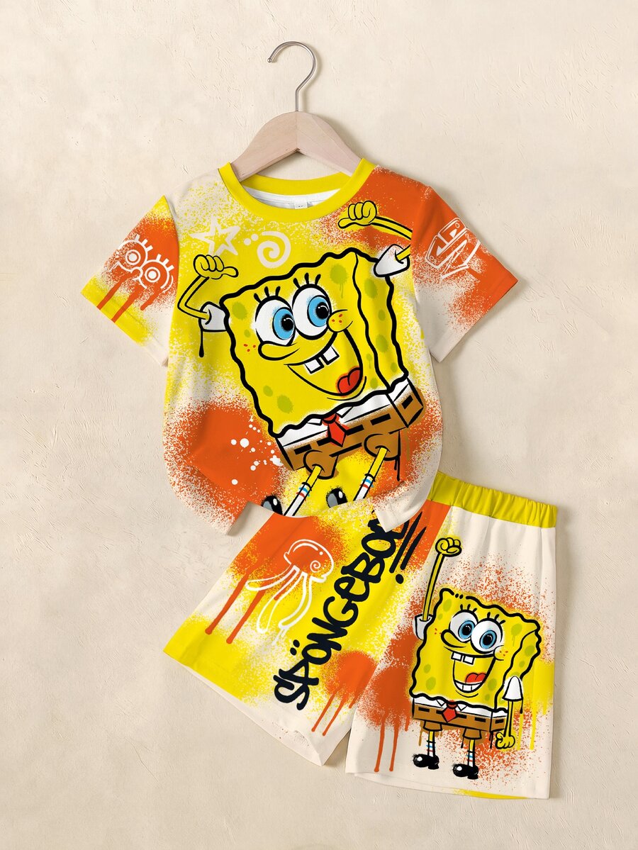 SpongeBob SquarePants | SHEIN 小男孩卡通印花短袖T恤與短褲休閒套裝 - 白色 - 查看 1