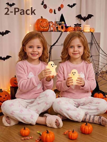 SHEIN Young Girls Young Girl Bow Applique Embroidery Simple Cute Flannel Long Sleeve Pants Set, Autumn/Winter/All Season Wear