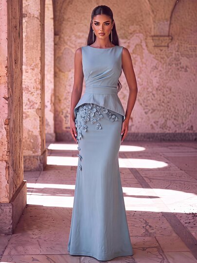 Aureia Elegant Gray-Blue Minimalist Classic Boat Neck Sleeveless Slim-Fit Flattering Ruched Waist 3D Floral Decor Faux Two Pieces Women's Evening Dress For Date, Vacation, Bachelorette Party, Wedding, Back To School